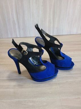 Diba Royal Blue Black Platform Heels 6.5 Peep Toe Stiletto NIB